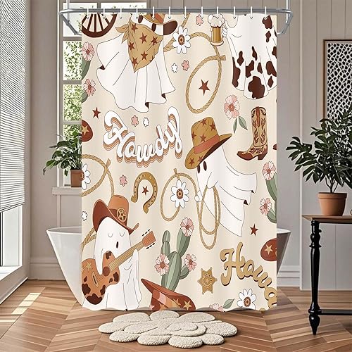 Miniatura 2 de Bonita cortina de ducha de Halloween, divertida cortina de ducha de fantasma occidental, cortinas de baño retro con fantasma occidental para niños,