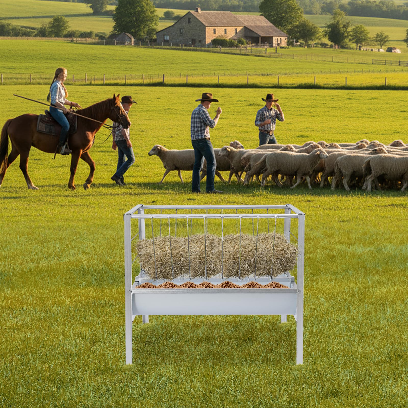 Comedero para heno de doble cara 100 cm, comedero para ovejas y cabras de metal, gran bebedero con forma de V para heno y pienso de hasta 200 L, para granjas, alpacas, cabras
