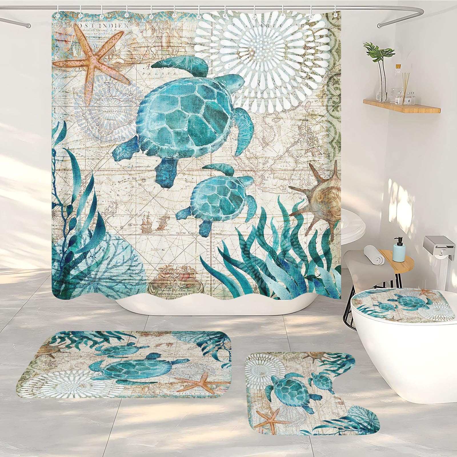 FABTOP Shower Curtain Sea Turtle Coral Nautical Ocean 180 x 180 cm Shower Curtains Turtle Sea Organism Octopus Coral Shower Curtains (2,200 x 200 cm)