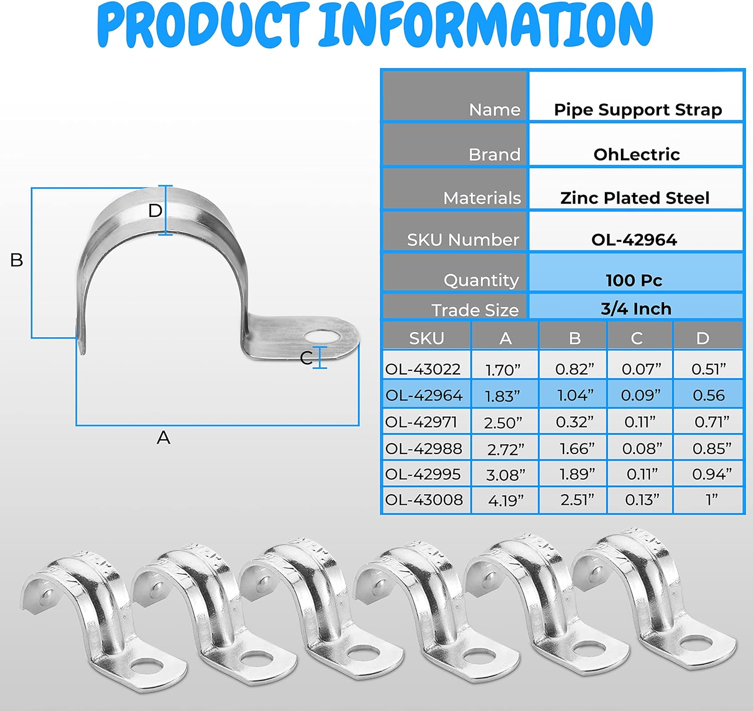 OHLECTRIC Heavy Duty Pipe Strap (100 Pack - ¾ Inch) Zinc-Plated Steel EMT Conduit Clamps - 1 Hole Reinforced Rib Design - Snap-On Installation - Metal Pipe Strap for EMT Conduits