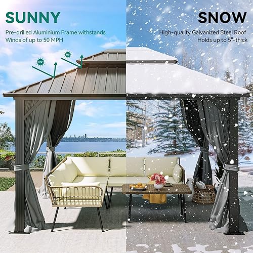 Miniatura 7 de DWVO Gazebo de techo rígido de 10 x 12 pies, techo doble con redes y cortinas, techo de rayas verticales de acero galvanizado resistente para patio,