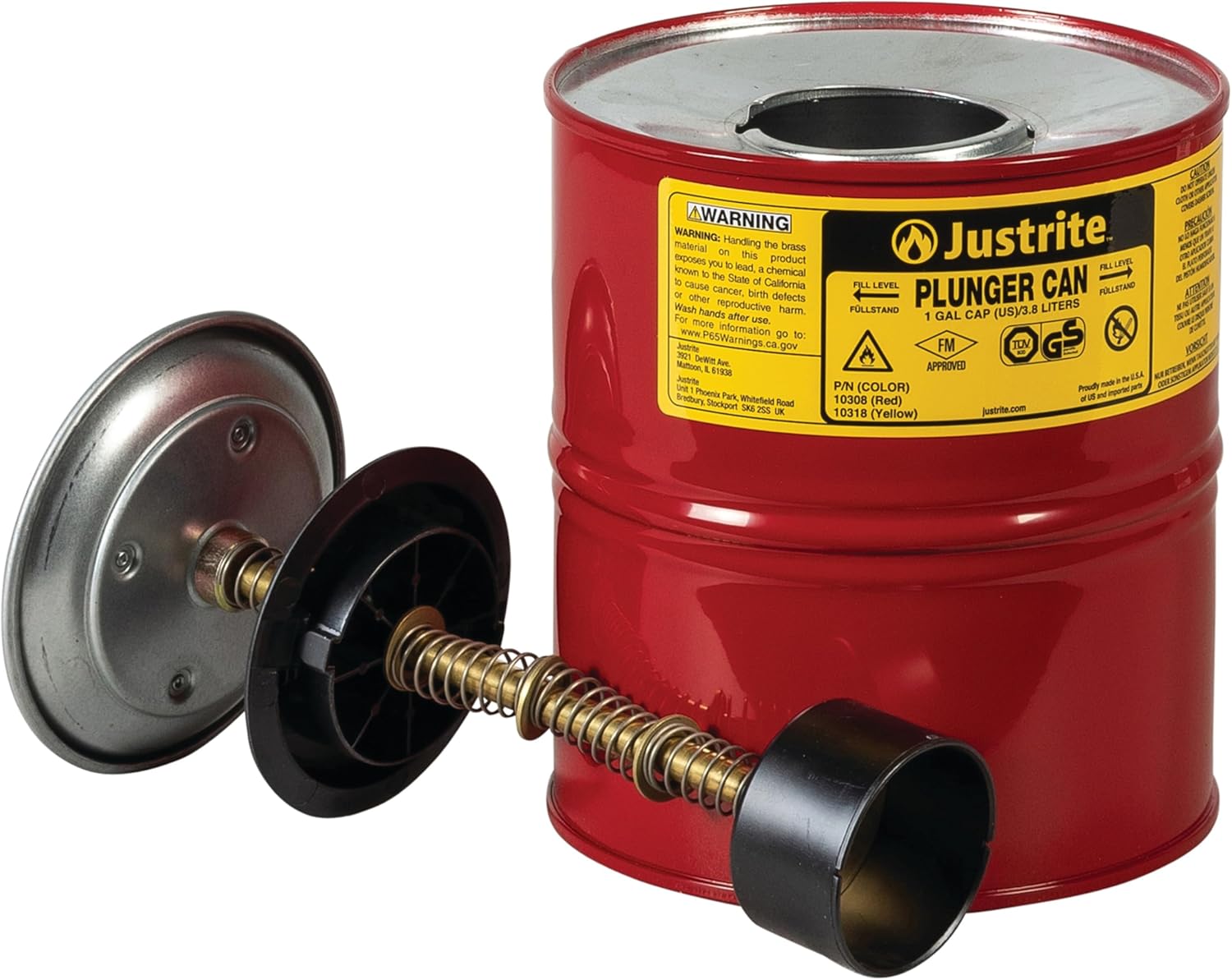 Justrite Plunger Can for Solvents, 1 Gallon Capacity, 10.5" x 7.25" Steel Push-Down Solvent Dispenser Can, Made in The USA Industrial Mechanic Tools, Red, 10308