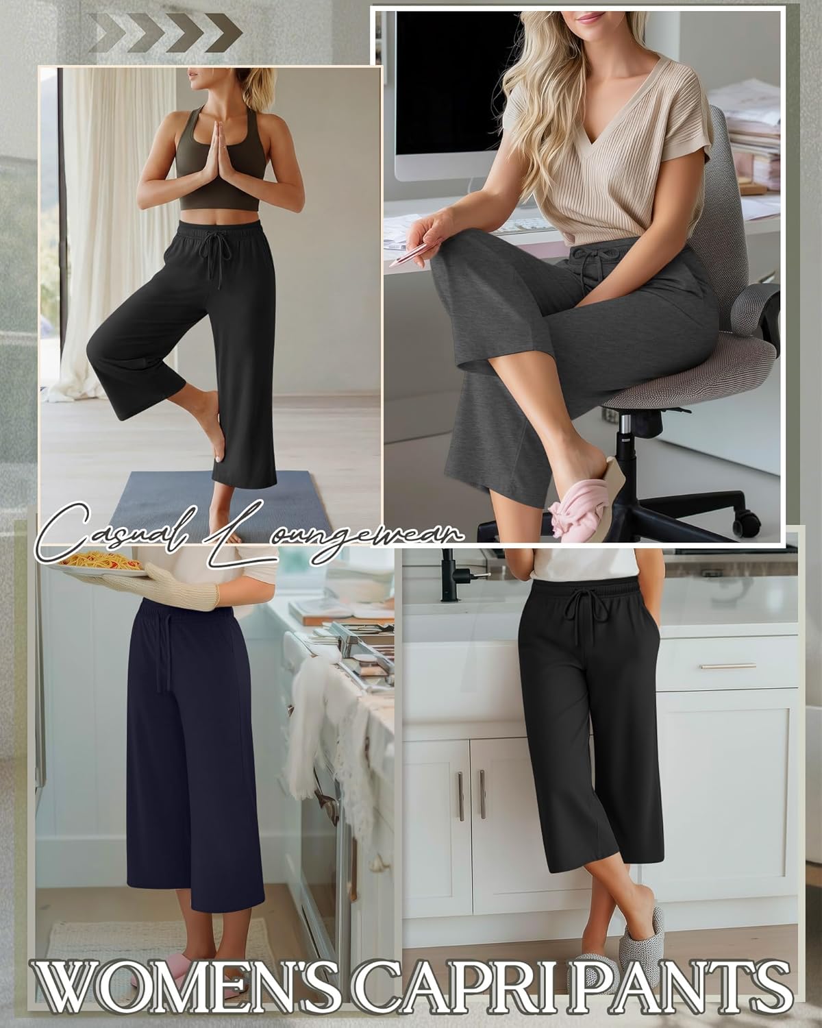 3 Pack Womens Capri Pants Loose Yoga Cropped Pants Elastic Waist Wide Leg Lounge Capris Sweatpants with Pockets