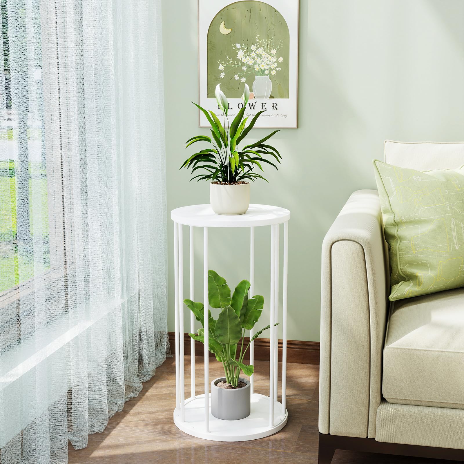 HDANI Juego de 3 Soportes Redondos para Plantas de Metal 35/45/55 cm,Soporte para Flores Sólido y Robusto para Salón,Jardín,Balcón,Taburete para Flores de Madera,Blanco