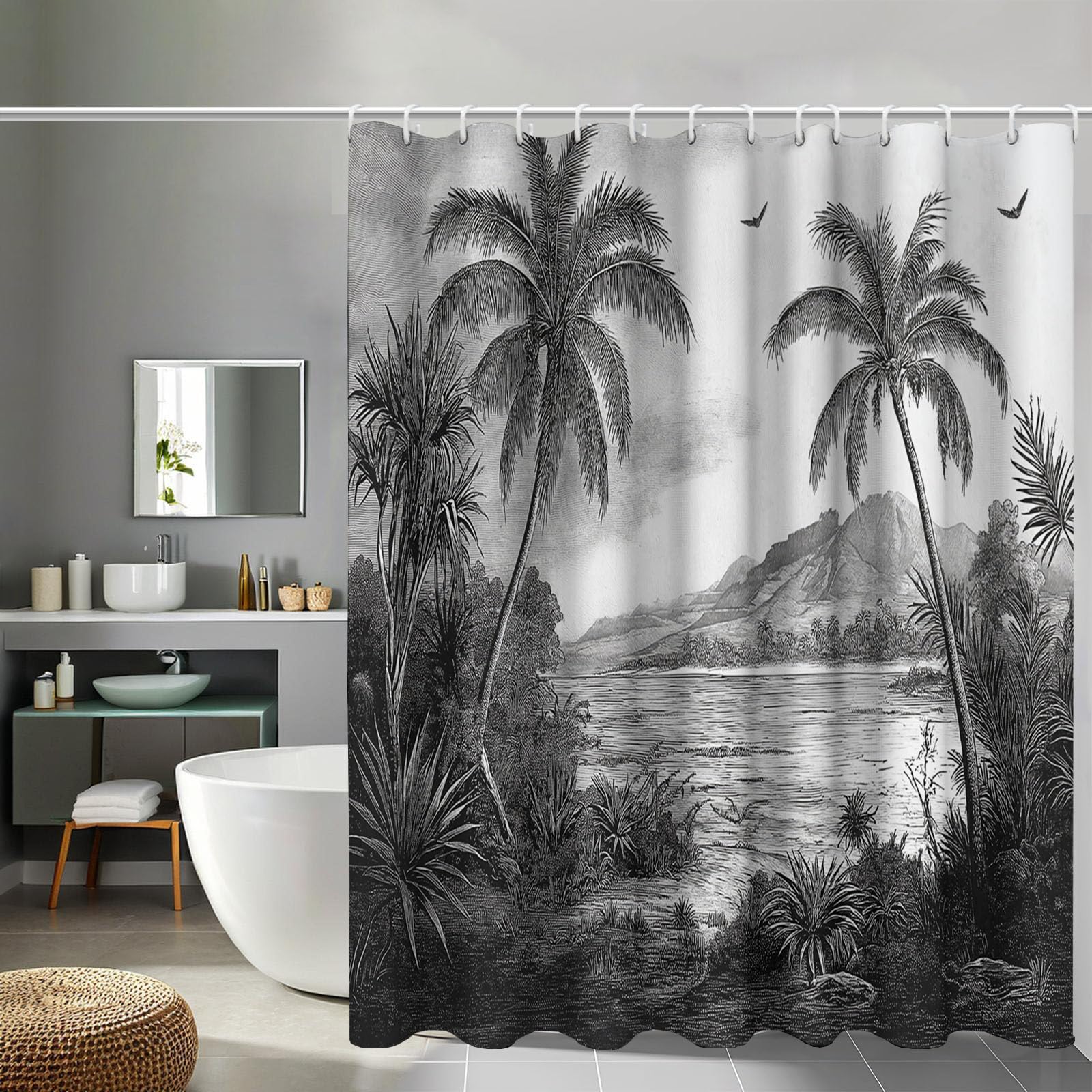 Rideau de douche tropical pour créer une ambiance de salle de bain moderne et zen