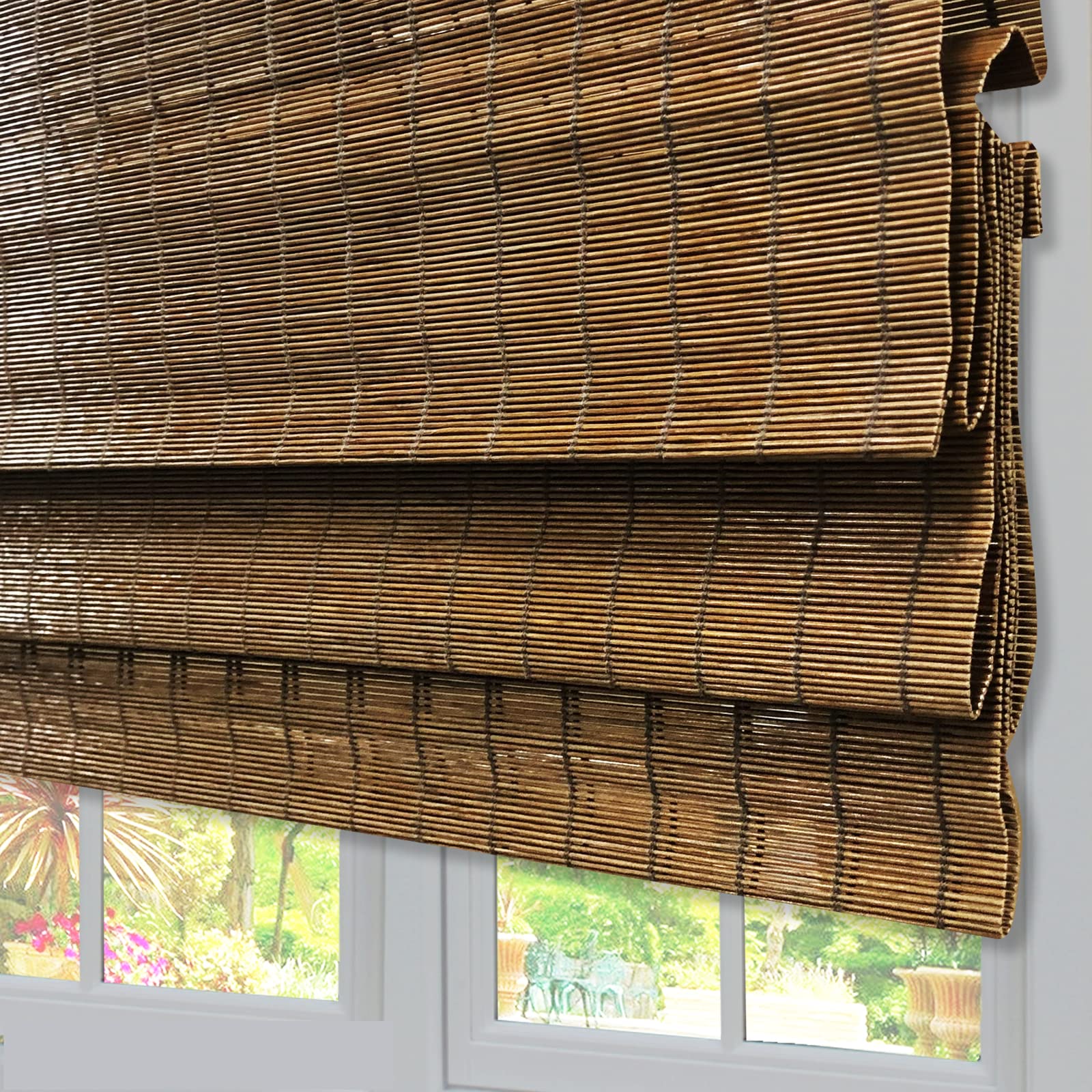 LANTIME Wood Cordless Window Shades, Lined Blackout Bamboo Roman Shades Blinds, Brown