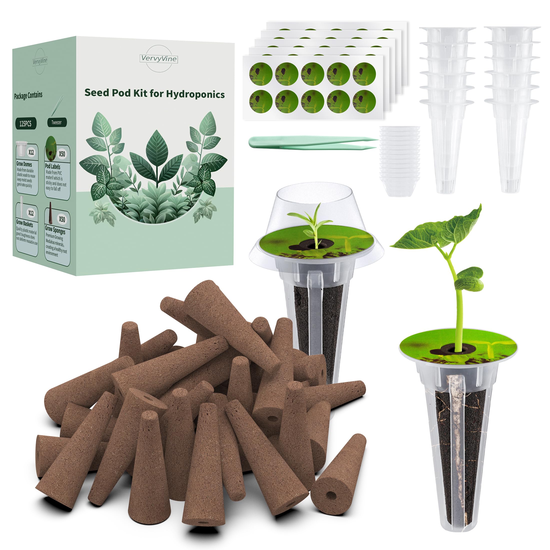 125 PCS Hydroponic Pods for Aerogarden, Grow Anything Seed Pod Kit with 50 Grow Sponges, 50 Labels 12 Grow Baskets, 12 Grow Domes and 1 Tweezers - Compatible with Hydroponics Growing System Kit