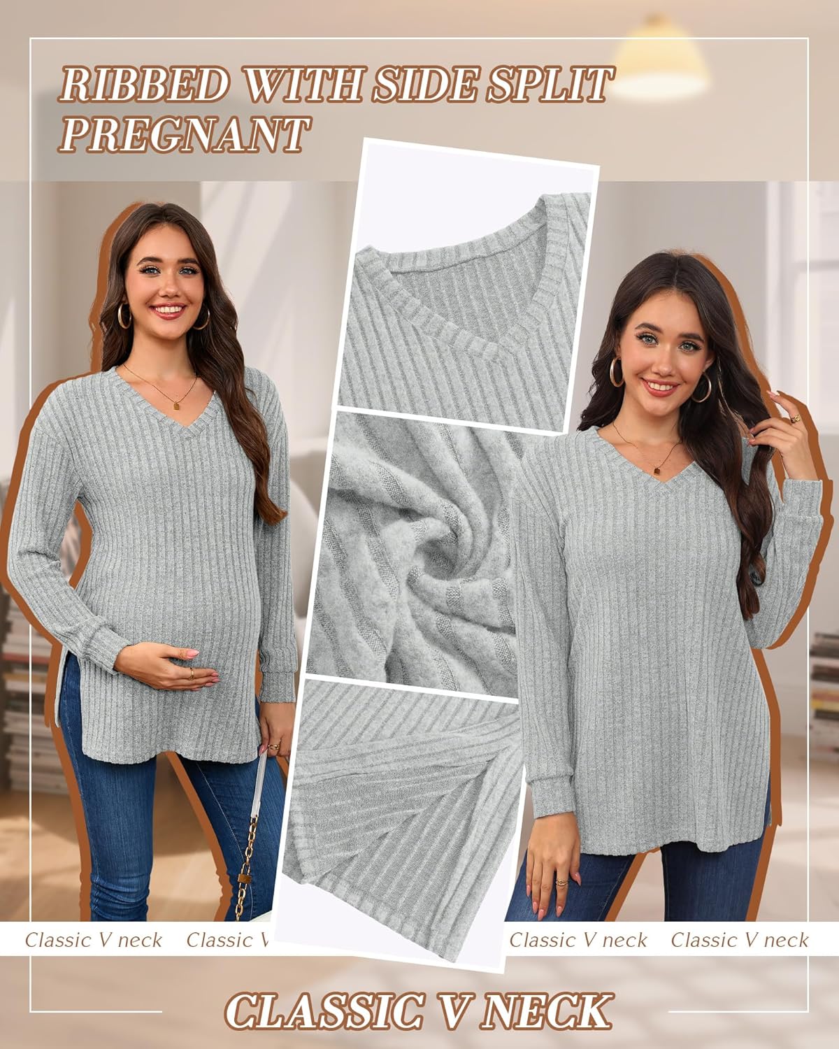 3 Pack Women's Ribbed Maternity Shirts, Long Sleeve V Neck Pregnancy Sweaters with Side Split Pregnant Clothes - Image 5