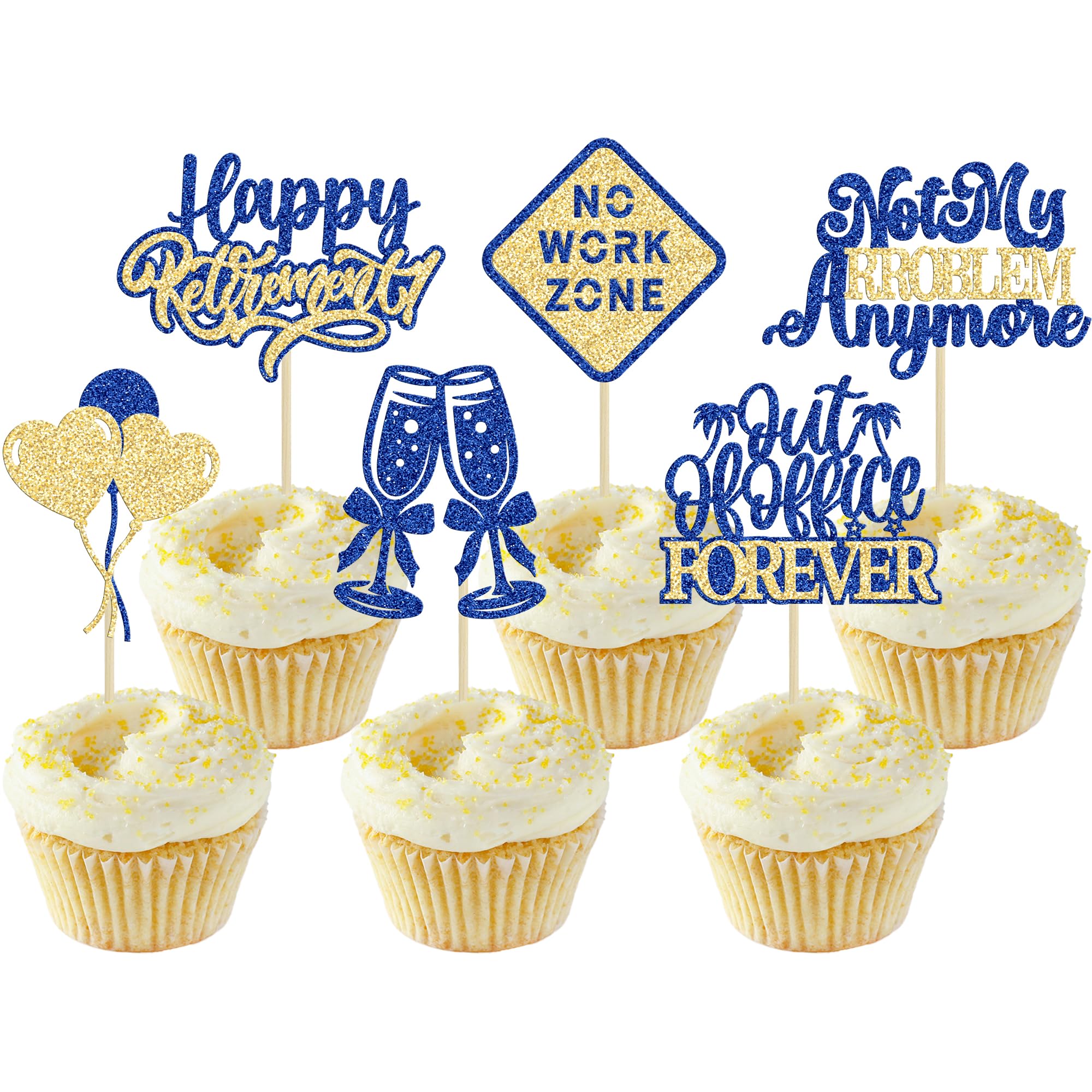 Gyufise 24Pcs Happy Retirement Cupcake Toppers Glitter Officially Retired Cupcake Picks No Work Zone Retirement Party Decorations for Farewell Birthday Party Supplies Blue Gold