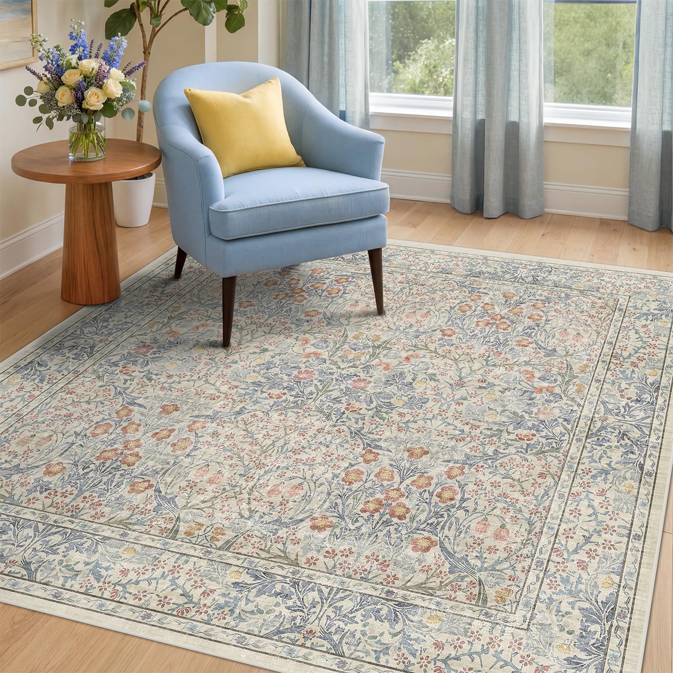 Hazo Haus Beige Blue Floral Square Rug