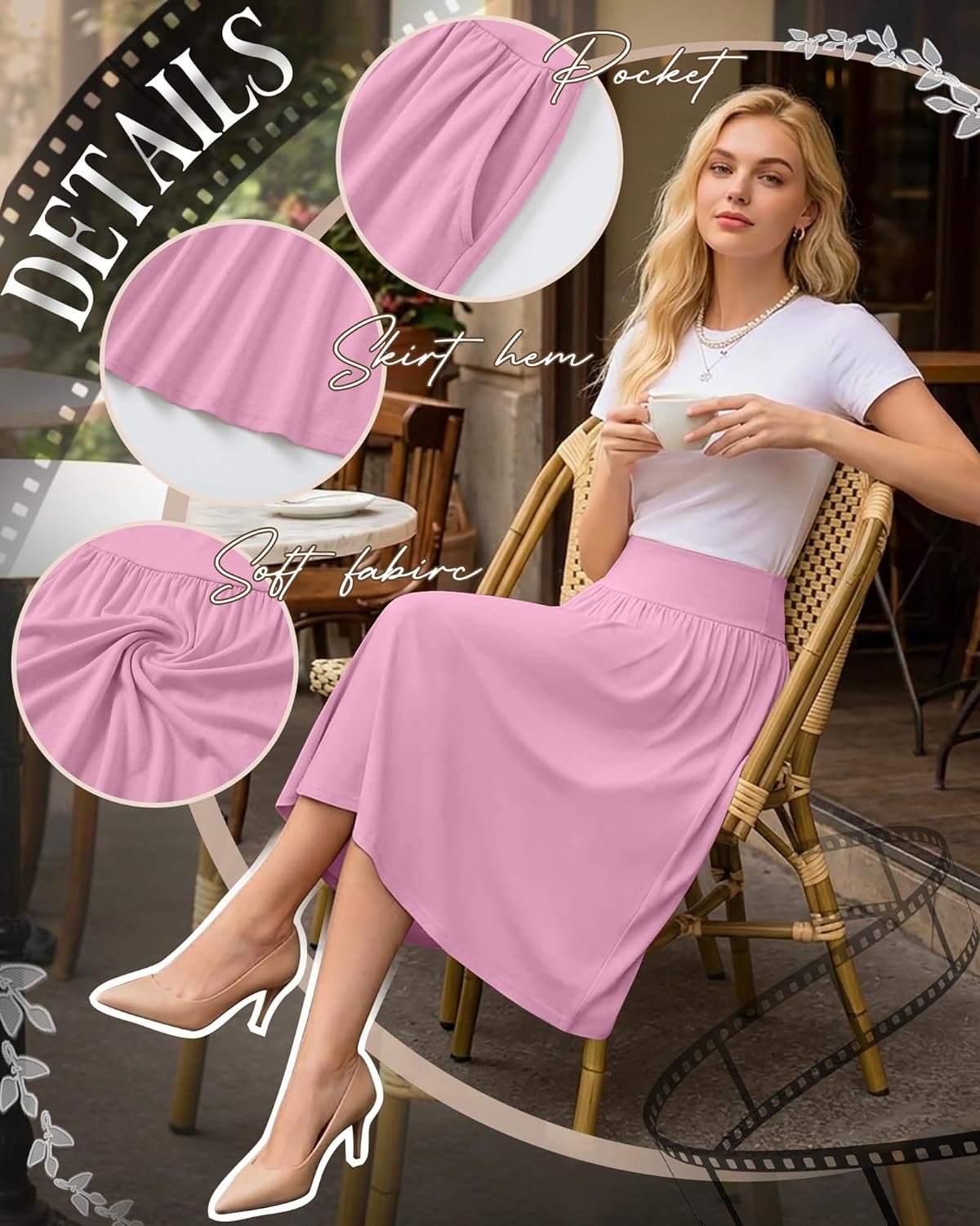 Ficerd 3 Pack Women's Knee Length Casual Skirts with Pockets, Flared High Waisted Midi Pleated Flowy a Line Summer Skirts