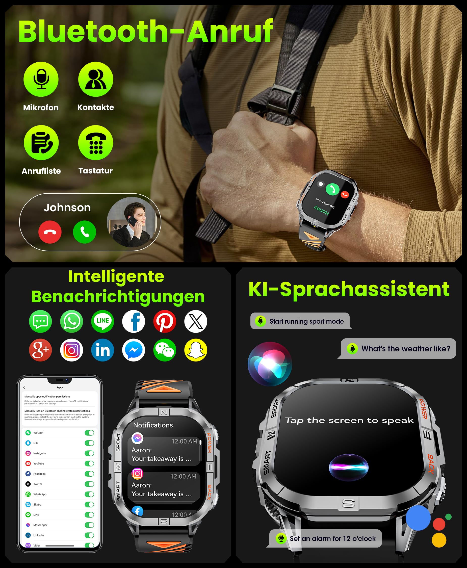 GPS Smartwatch Herren, 2,13" AMOLED Men's Military Smart Watch, LED Taschenlampe, Kompass, 100+ Sportmodi Fitnessuhr, 580mAh Batterie Sportuhr, Bluetooth Anrufen für iOS Android (Schwarz)