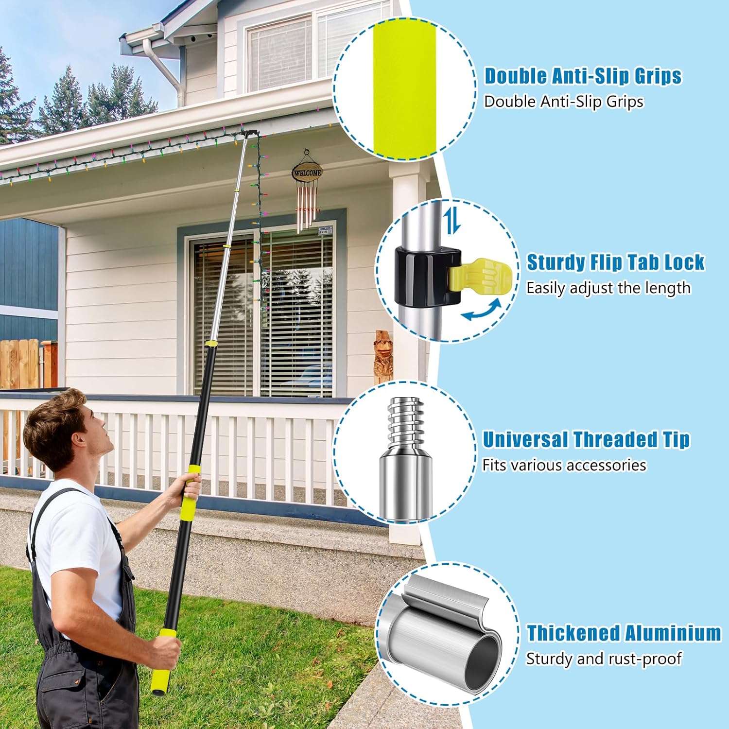 UQM 12 Ft Telescopic Extension Pole with Utility Hook, Telescoping Pole for Hanging Christmas Lights String Lights Birdfeeder, Heavy-Duty Christmas Light Pole Hanger Tool Tree Without Ladder