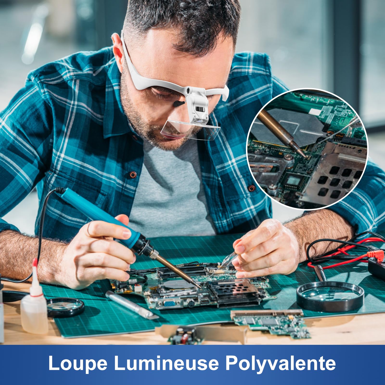 Vinabo Stirnband-Lupe mit LED-Licht, Kopflupe mit – 5 Abnehmbaren Linsen (1,0 x 1,5 x 2,0 x 2,5 x 3,5 x), für alle Präzisionsarbeiten, Lesen, Juwelier, Sticken, Nähen, Schmuck (Packung mit 3)