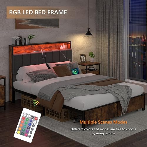 Miniatura 4 de Base de cama Queen con cabecero de almacenamiento oculto y 2 cajones, marco de cama LED con estación de carga, marco de cama de plataforma de metal,