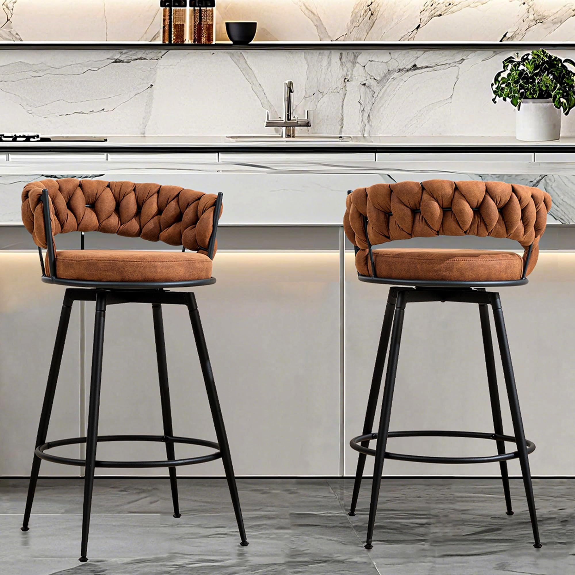 FUNCOLOR HOME Swivel Bar Stools Set of 2, 28 Inches Modern Counter Height Bar Stools with Woven Back, Upholstered Suede Tall Barstools for Kitchen