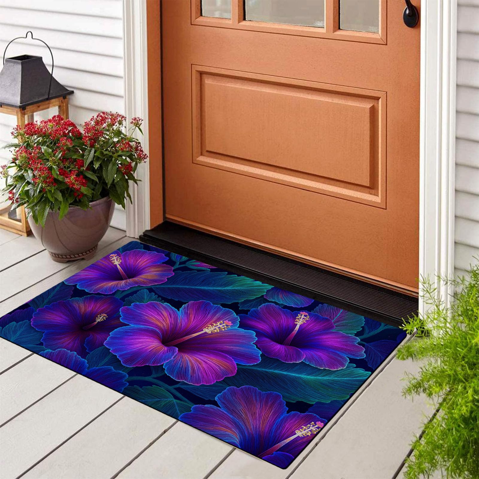 Paillasson de intérieur Antidérapant, Tapis de Motifs Floraux Rétro Tropicaux, Tapis Salle de Bain Flanelle Douce, Absorbant l'eau, pour Cuisine (Irisé Hibiscus, 80x120cm
