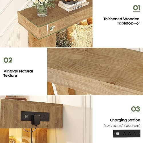 Vista 4 de Unikito - Mesa de entrada de 47" con enchufe y luz sensor, mesa de consola estrecha con almacenamiento detrás del sofá, mesas de entrada