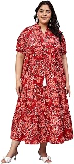 Indietoga Women's Plus Size Floral Printed Pure Cotton Tiered Maxi Dress (XL to 7XL) Price In India