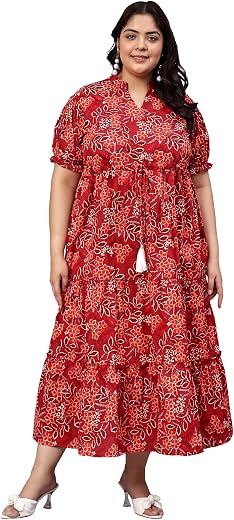 Indietoga Women's Plus Size Floral Printed Pure Cotton Tiered Maxi Dress (XL to 7XL)