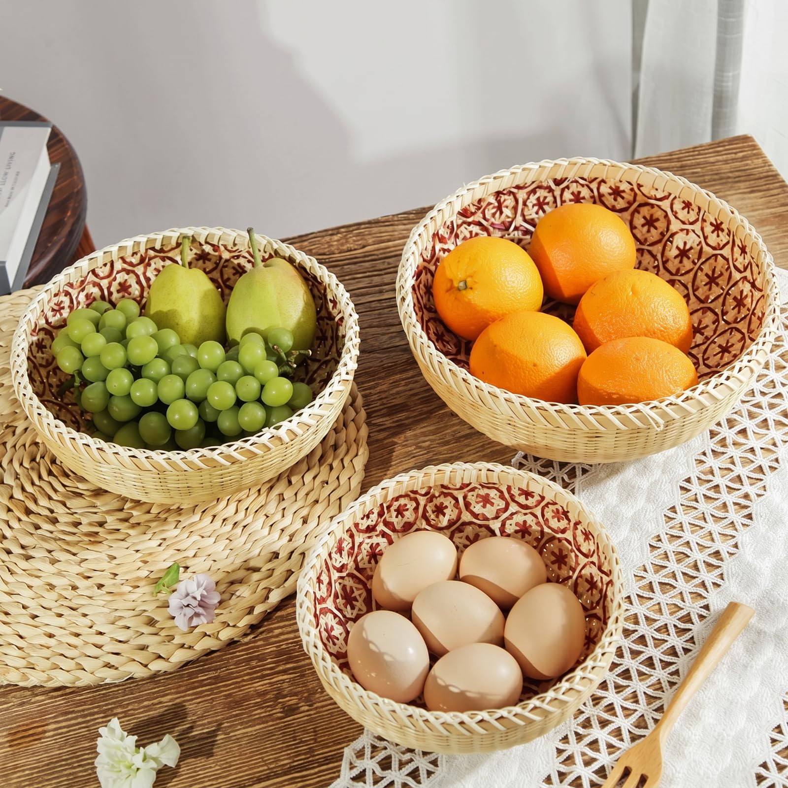 Elsjoy Set di 3 cestini in vimini intrecciati, in bambù, per il pane rotondo, in rattan, decorazione per frutta, verdura, patate, impilabili 24,4 cm/20,3 cm/17,8 cm