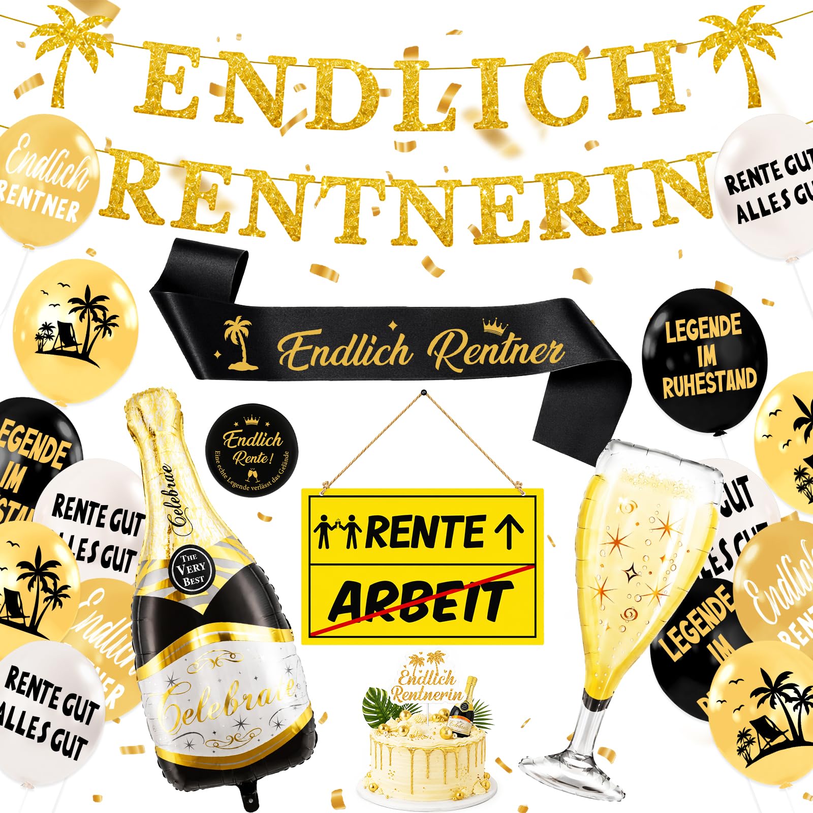 Rente Deko Set - Endlich Rentnerin Banner, Ruhestand Deko Rentner Schärpe Rente Gut Alles Gut Luftballons , Tortendeko, Deko Renteneintritt Männer Frauen für Abschiedsfeier Party