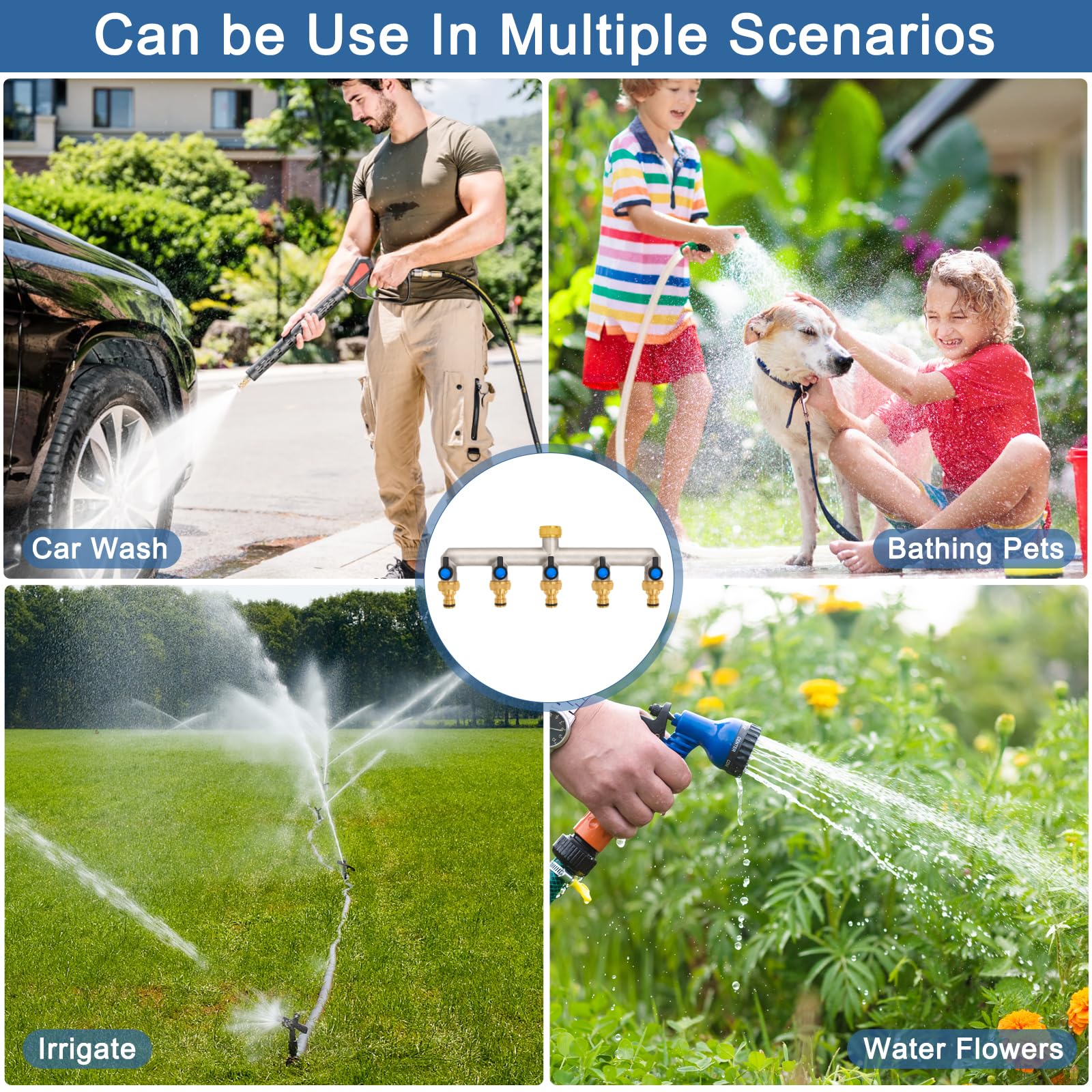 Distribuidor de agua de latón de 5 vías para 5 dispositivos/mangueras de jardín, distribuidor de 5 unidades, adaptador de 3/4 pulgadas, con válvula de bola para ajustar y cerrar el flujo de agua