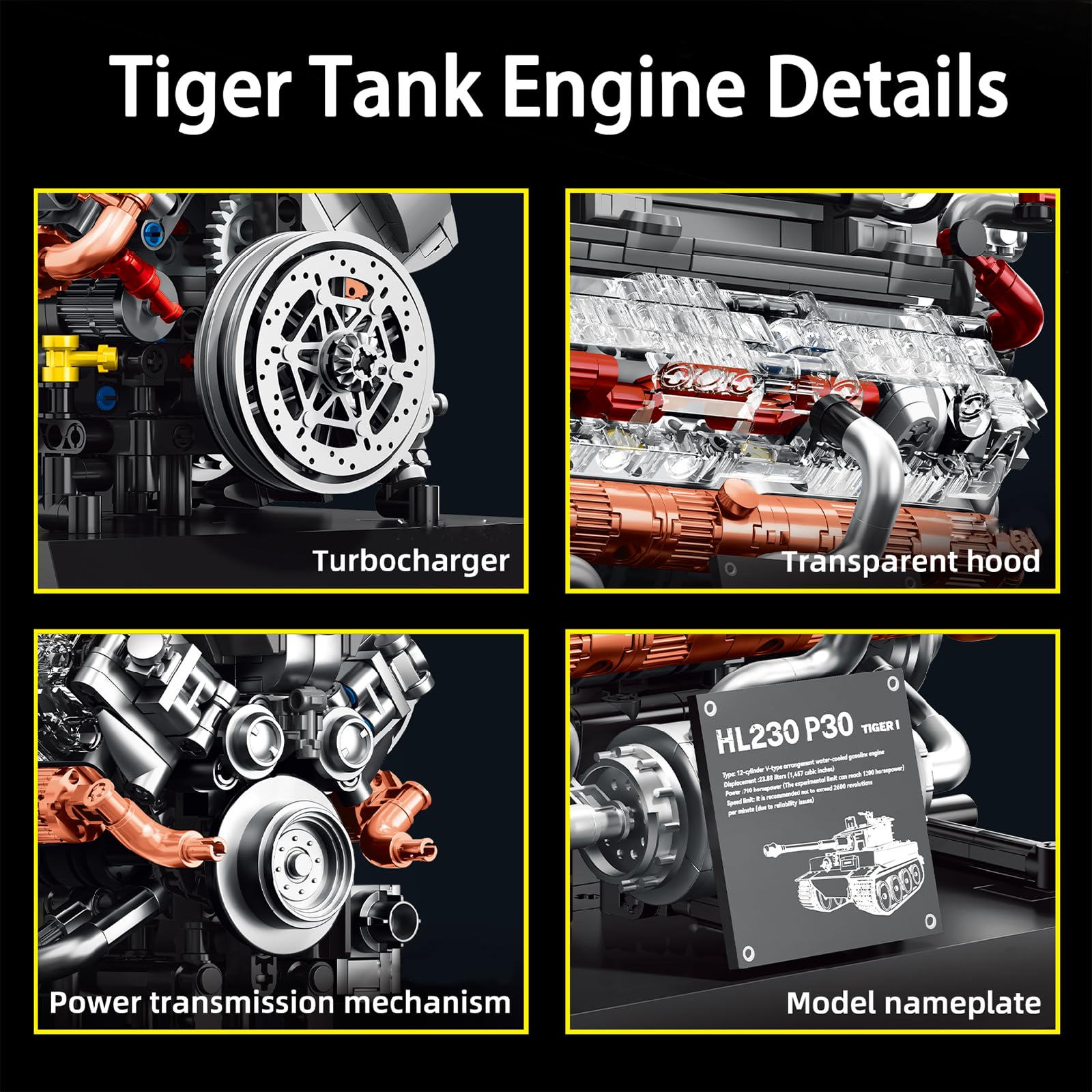 Technic Tigre Tank Moteur Jouet de Construction, Moteur de Véhicule Militaire Fonctionnel pour Adultes à Construire, MOC Projet de Loisirs Mécanique Électrique Ensembles de Construction