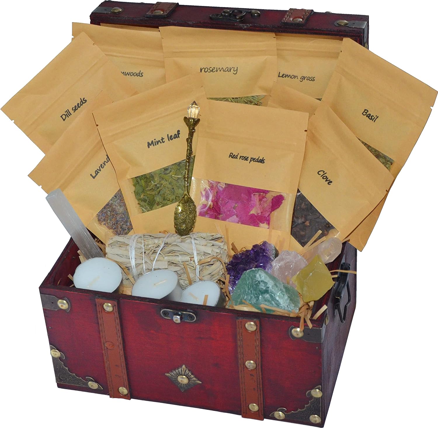 Witchcraft Kit: 4 Crystal 12 Dried Herbs Set and 3 Candles for Pagan and Wiccan Rituals,Altar, Magic Spells herb Candle DIY