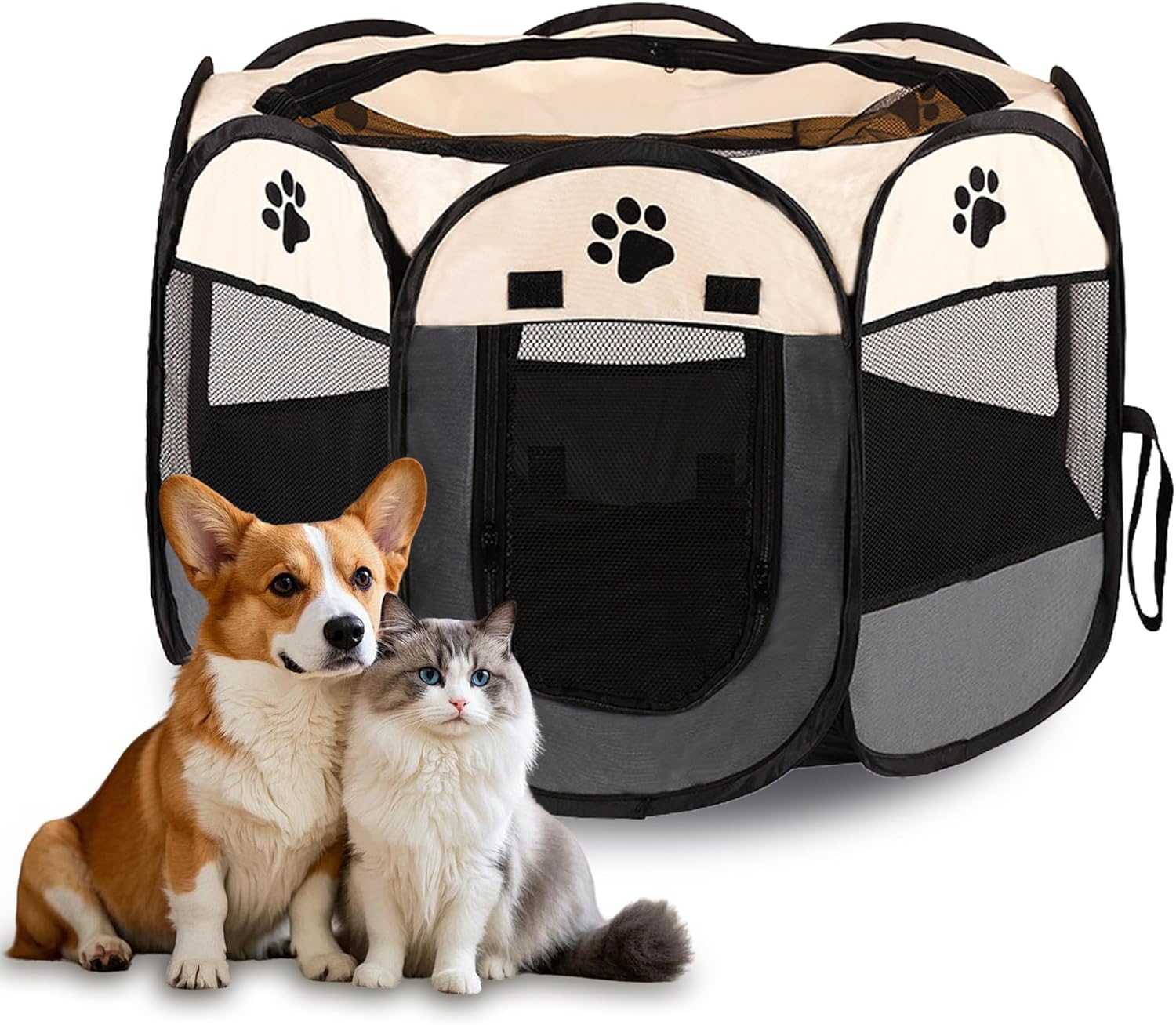 Portable Dog Playpen, Pet Play Pen for Indoor Outdoor Cat, Adult Kitten/Puppy Exercise Playpen Tent Birthing Box, Waterproof Travel Dog Camping Cage for Medium Large Dog Animal House (Grey)