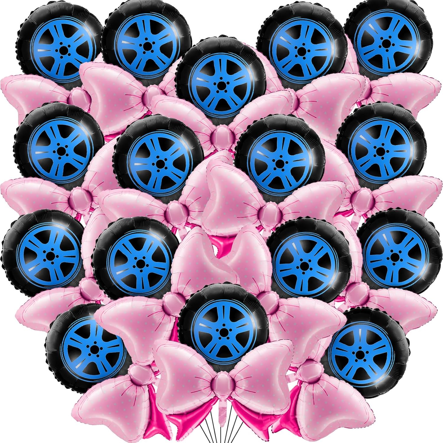 Lewtemi 16 Pcs Burnouts or Bow Foil Balloons Sets Black Blue Car Wheel Gender Reveal Bow Balloons for Baby Shower Gender Reveal Wedding Birthday Party Decoration