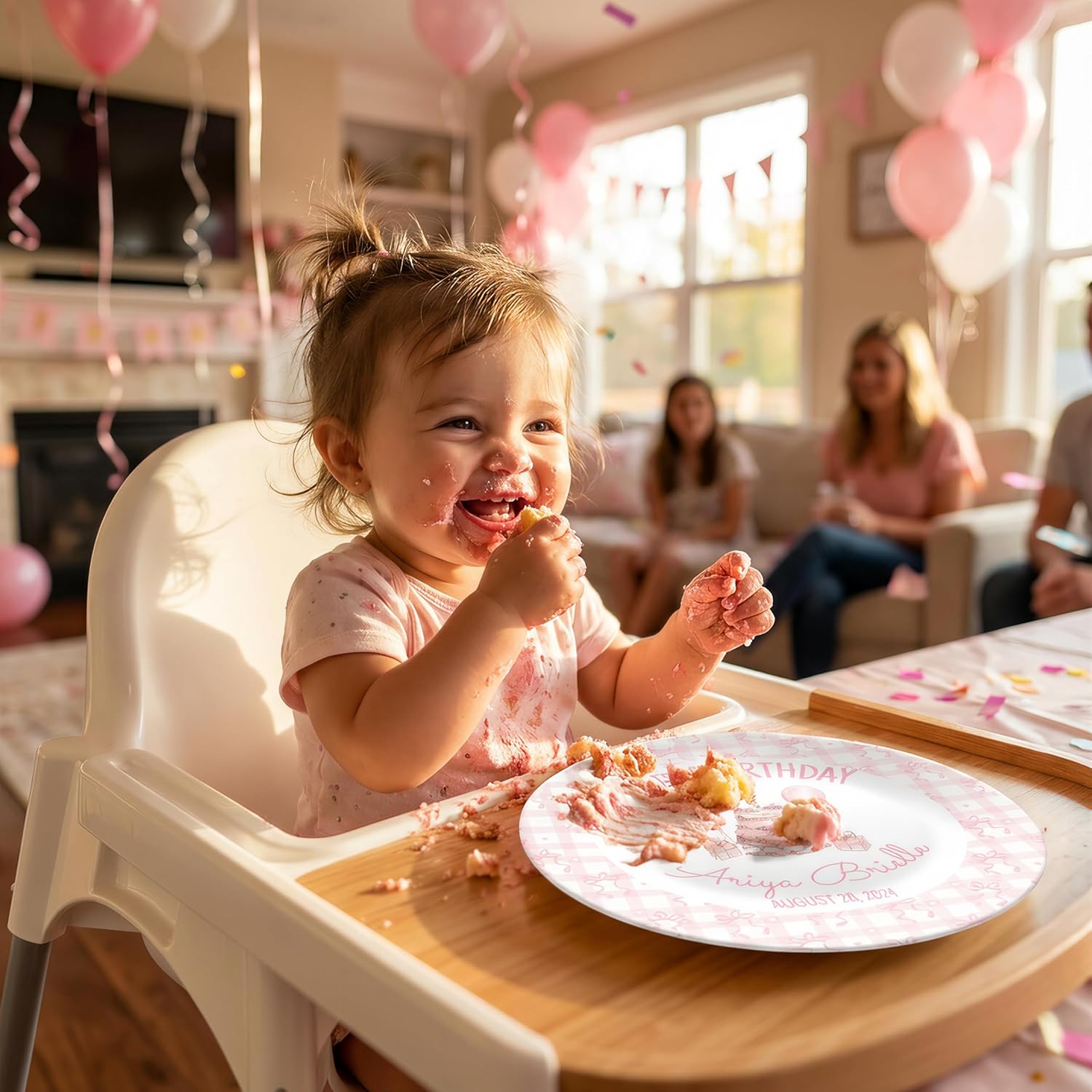 Personalized Baby First Birthday Plate - Coquette Cake Balloons - Pink & White Smash Cake 1st Birthday