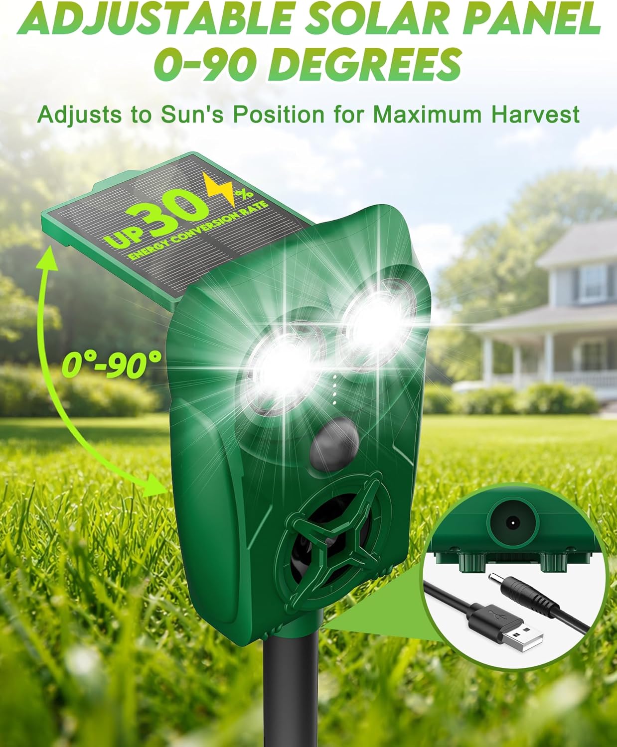 Solar Ultrasonic Animal Repellent with Motion Sensor - Waterproof Deer Repellent Device with LED Lights for Yard, Effective Against Deer, Coyotes, Raccoons & Cats