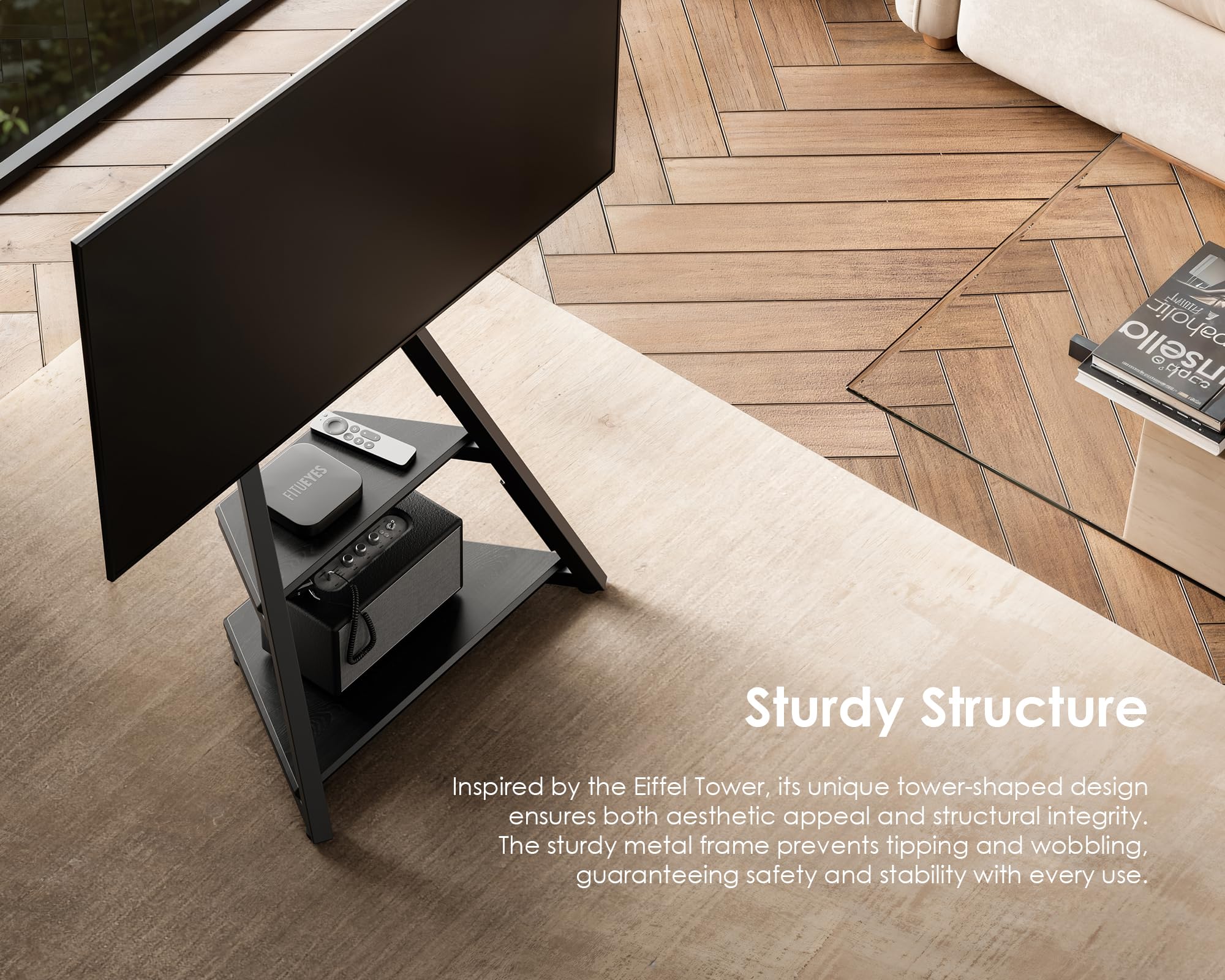 FITUEYES Supporto TV Da Pavimento Art Series Eiffel – Per Schermi 45-75 Pollici, Altezza Regolabile, Base In Legno, Gestione Cavi