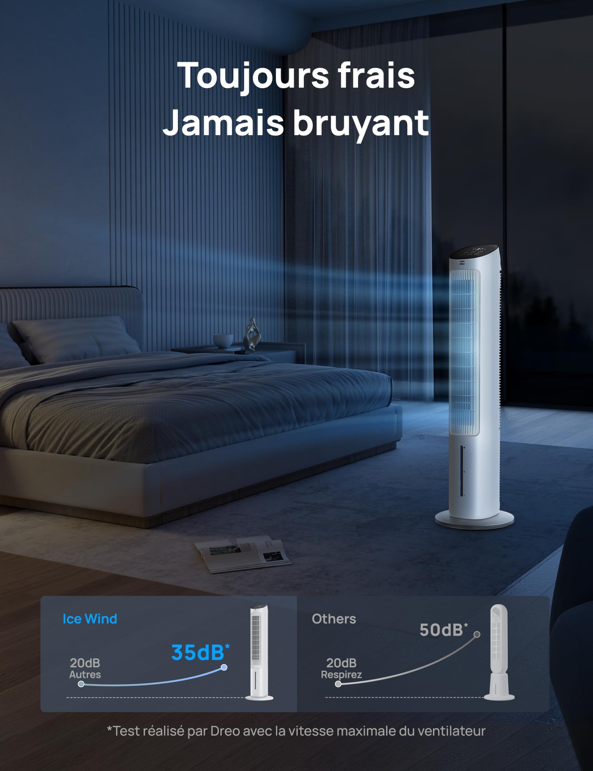 DREO Ventilateur Tour avec Refroidissement, Ventilateur Silencieux avec Refroidissement par Eau, Rafraîchisseur d’Air Évaporatif 40 Pouces, Oscillation à 80°, 3 Modes, 4 Vitesses, Télécommande, Blanc
