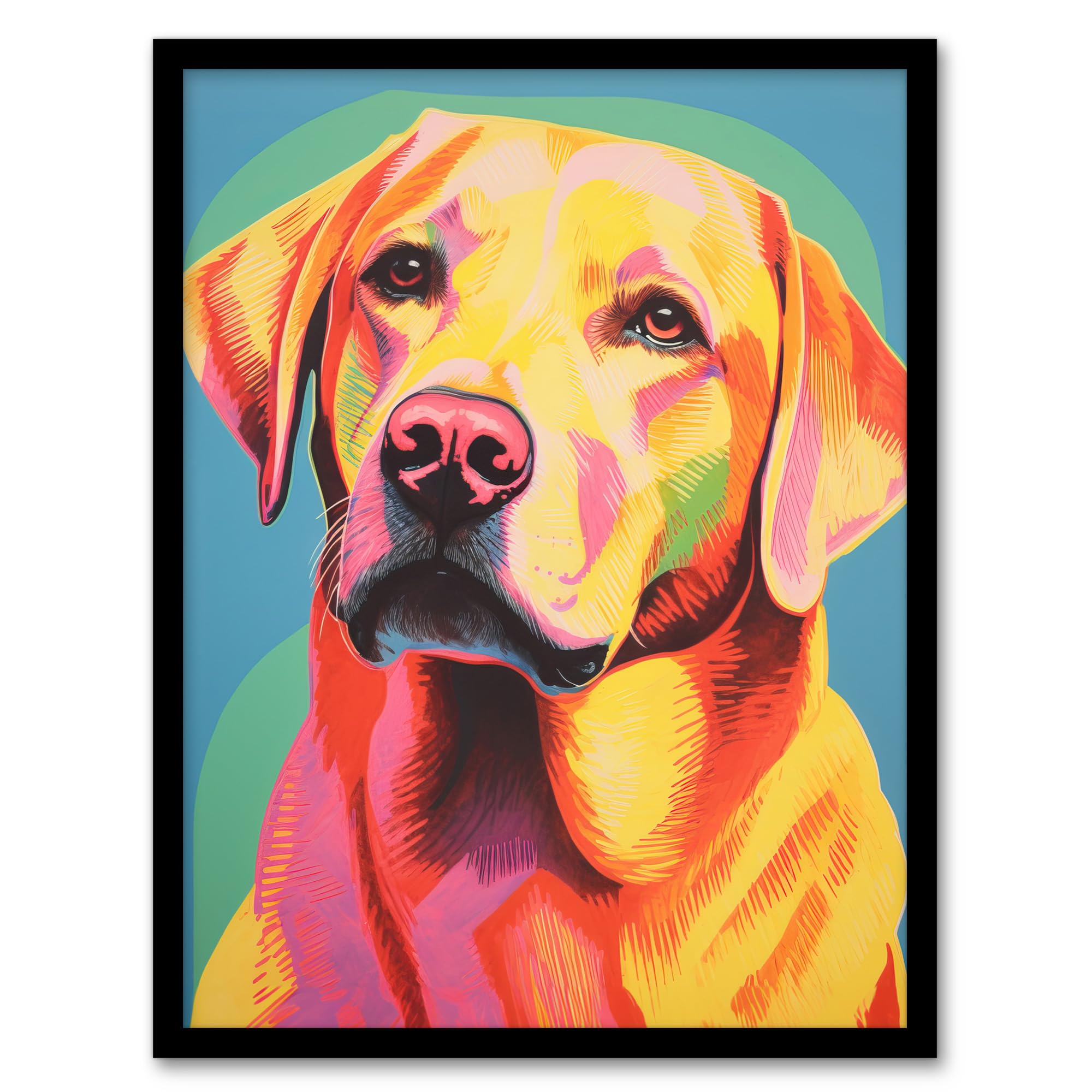 Artery8 Labrador Retriever Retro Screen Print Risograph Dog Artwork Spot Block Colour Duotone Riso Interior Design Artwork Framed Wall Art Print 18X24 Inch