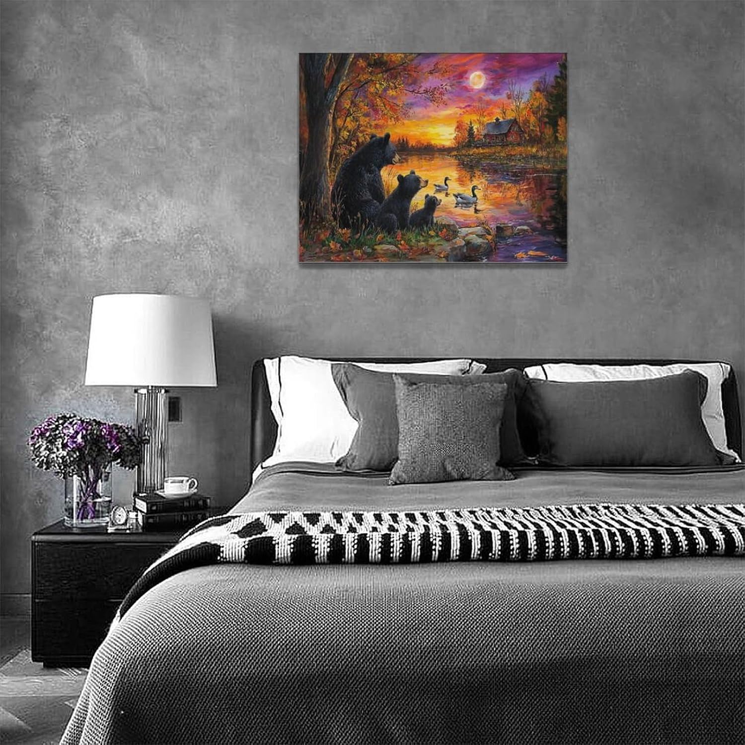 Cabin Bear Wall Art Fall Bears Pictures Wall Decor Farmhouse Animals Lake Canvas Prints Painting Framed Artwork Decoration for Bathroom Bedroom Living Room Dining Room 16"x12"