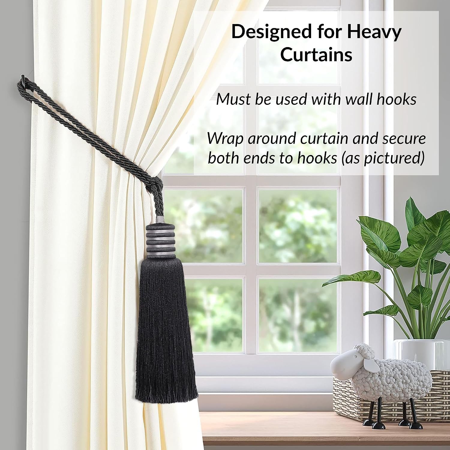 Decorative Curtain Tiebacks with Tassel - Midnight Black, 33” Long, Hand-Tied Rope with Lustrous Threads - Designed for Heavy Drapes, Require Wall Hooks - Set of 2
