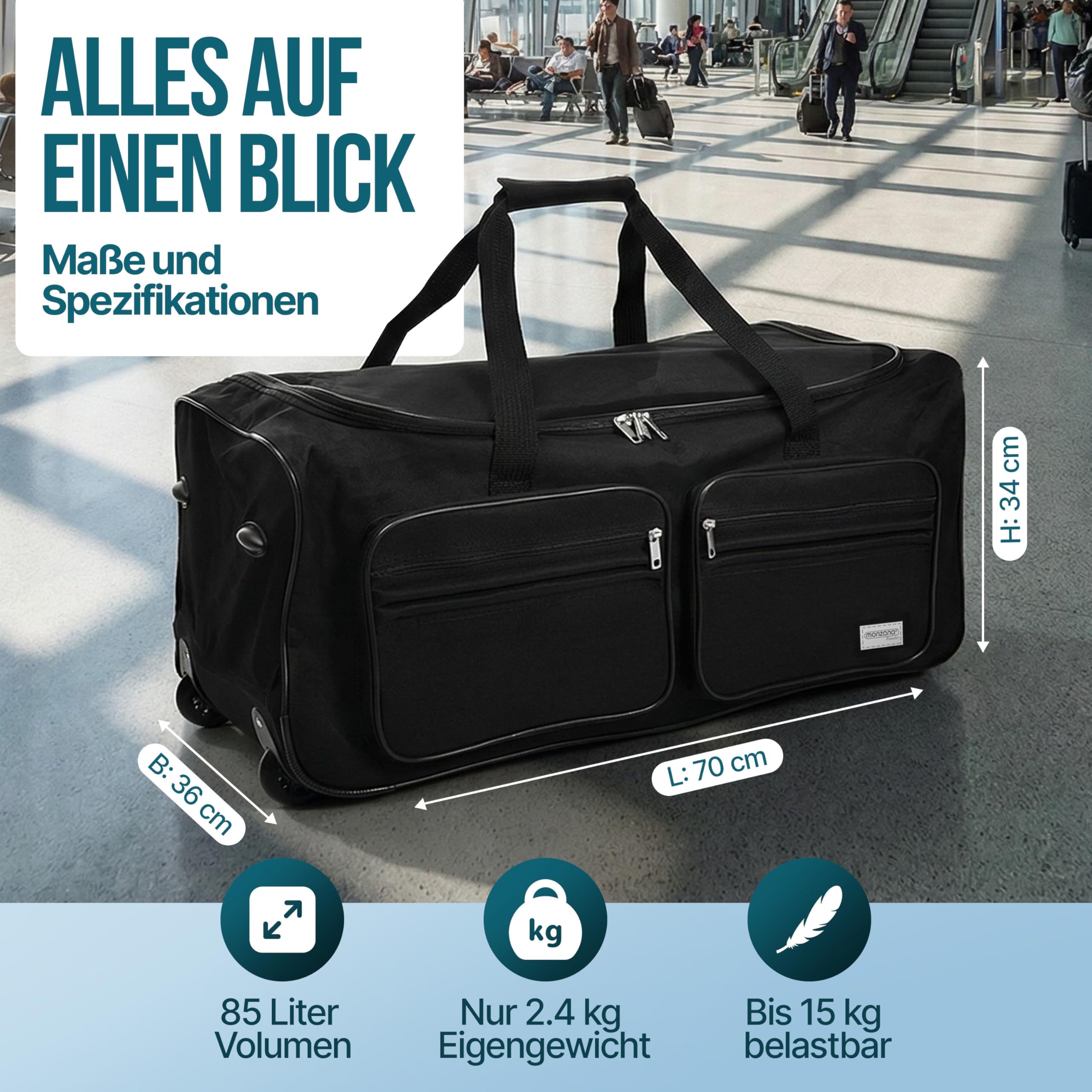 DEUBA Reisetasche | mit Trolleyfunktion | Rollen mit Kugellager | Teleskopgriff | abschließbar -【Farb-und Größenauswahl】 Sporttasche Reisetrolley Gepäcktasche, Schwarz, 85L = 70 x 36 x 34 cm (LxBxH)