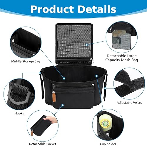 Miniatura 4 de Accmor Organizador universal para cochecito con bolsa desmontable para teléfono y bolsillo para pañales, bolsa de cochecito, organizador de