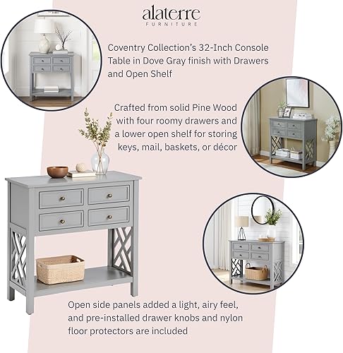 Miniatura 4 de Alaterre Furniture Coventry - Mesa consola de madera de 32 pulgadas de ancho con 4 cajones, color gris