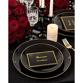 Nervure 100 Pieces Black Plastic Plates - 7.5inch Black Dessert Plates - Disposable Gold Plastic Plate - Disposable Plate Ideal for Wedding & Party & New Year