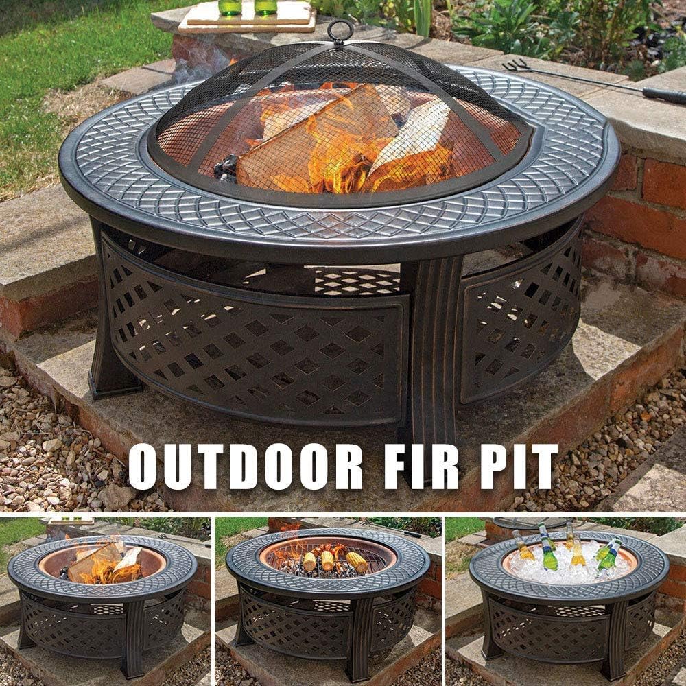 Fire Pit with BBQ Grill Shelf,Outdoor Metal Brazier Round Table Fire Pit Garden Patio Heater/BBQ/Ice Pit,Outdoor Fire Pits