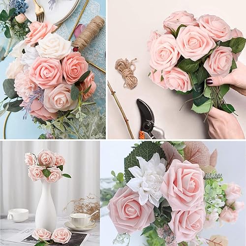 Miniatura 7 de Flores artificiales, 25 rosas falsas de espuma de aspecto real con tallos para ramos de boda, centros de mesa de despedida de soltera, arreglos de
