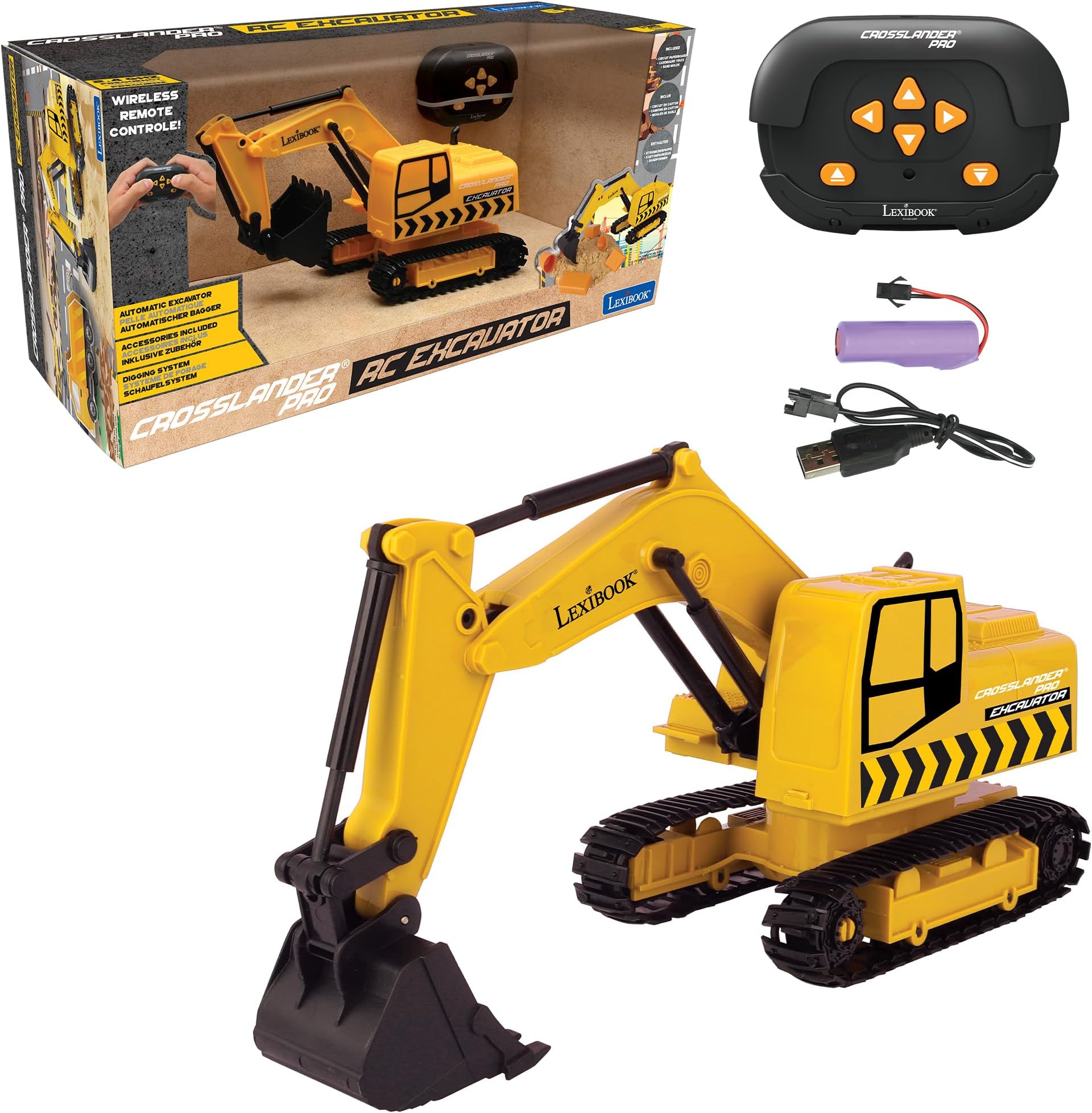 Lexibook, Crosslander® pro RC Excavator, remote controlled backhoe, automatic shovel, play mat, sand moulds, 2 trucks and a bridge in boxes included, rechargeable, RCP30