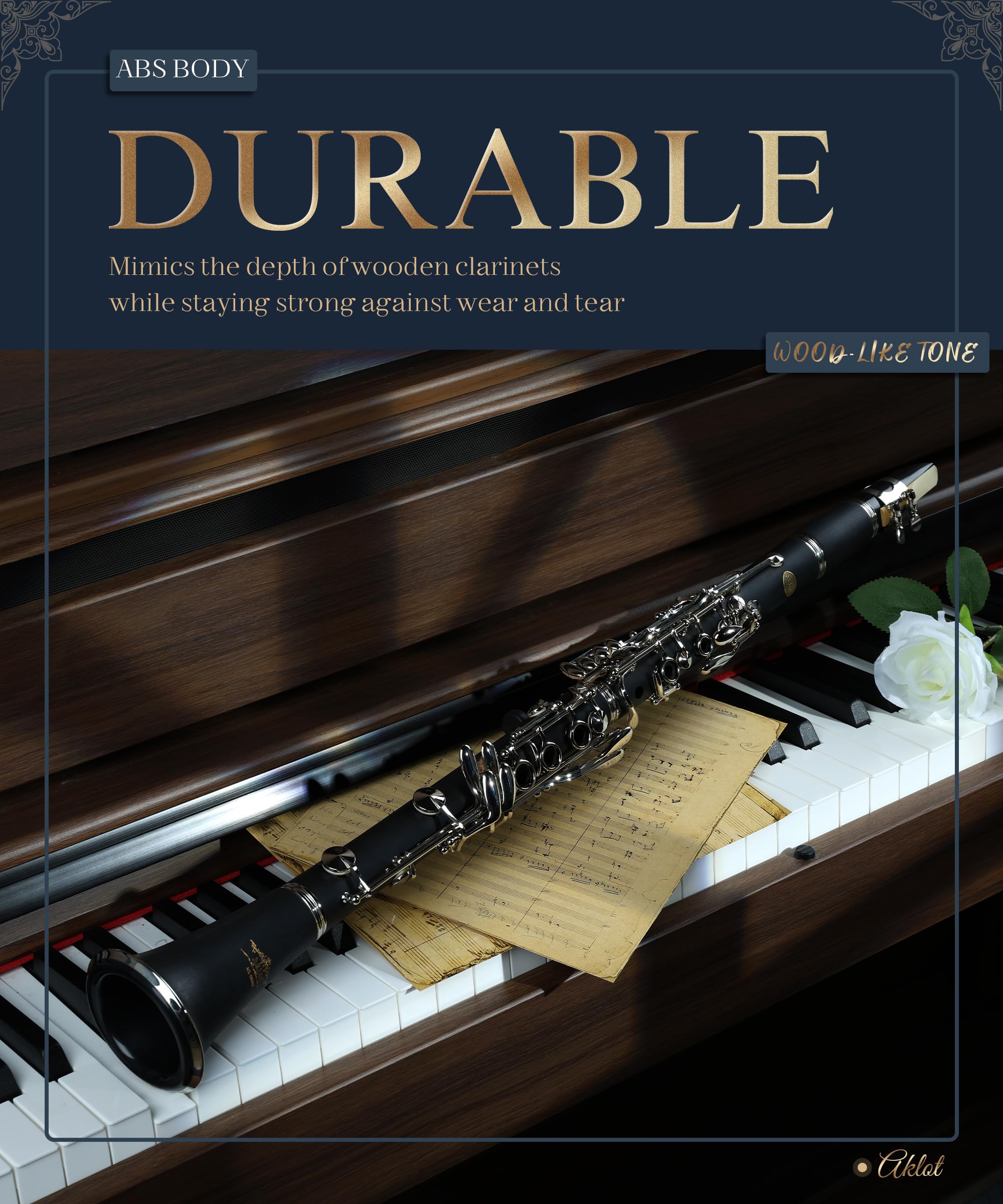 AKLOT B Flat Concert Clarinet: Precision Tone Hole Design for Stable Intonation, Durable Nickel-Plated Keys, Including Stylish Case, Barrel, Full Clarinet Cleaning Kit (Ember-MN)