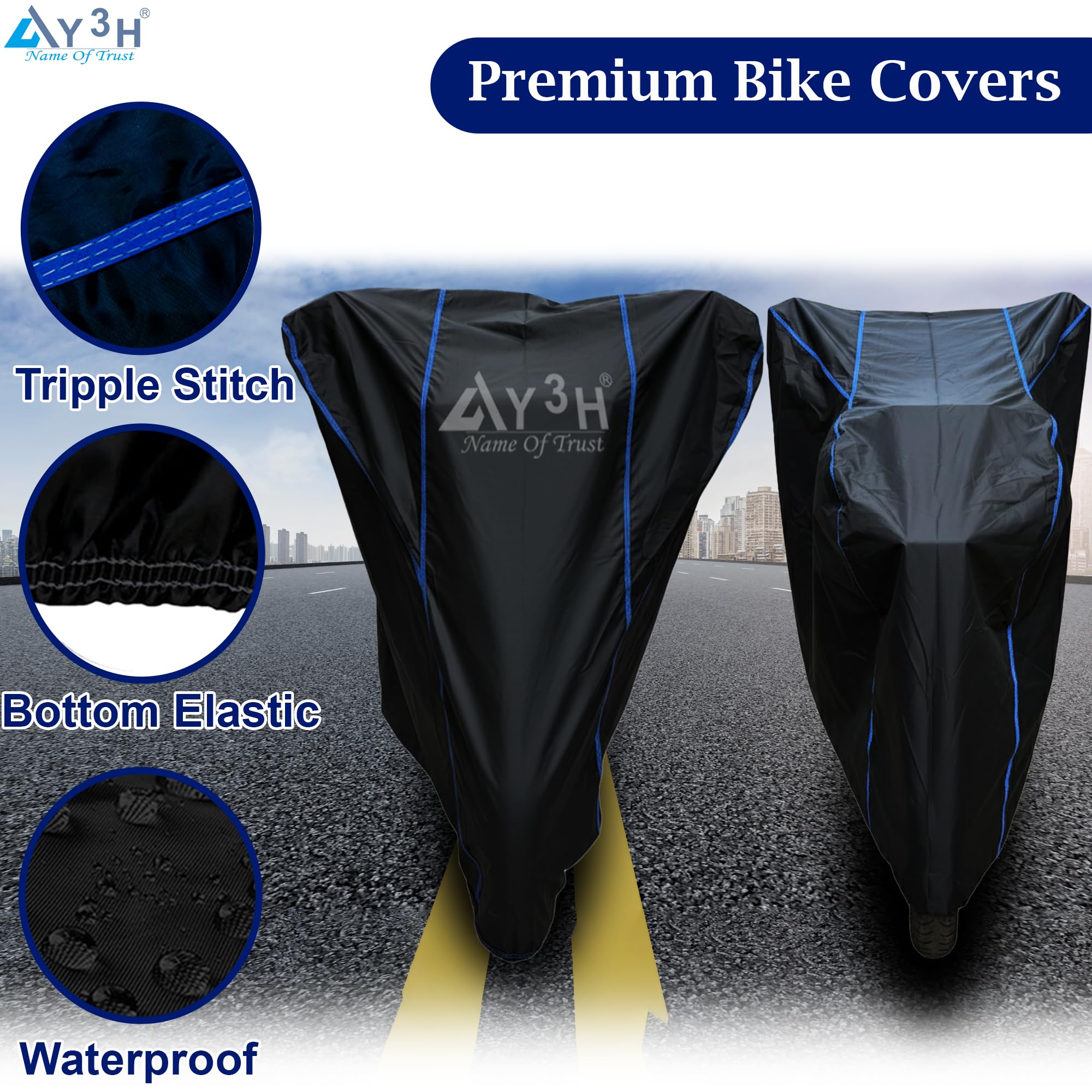 Y3H - Bike Body Cover Compatible with Bullet 350 Cc Full Body with Dust Proof, UV Rays Protective, Tripple Stitching & Lightweight Two Wheeler Covers - Black with Waterproof Blue Piping