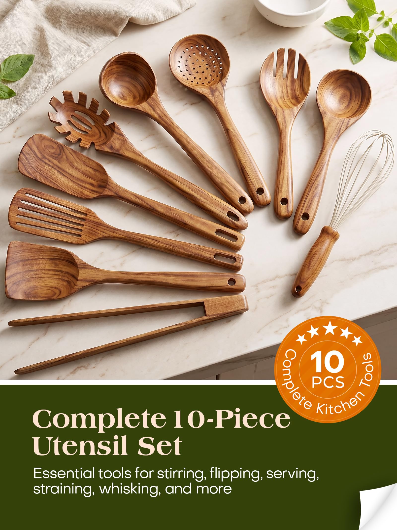 Ustensiles de Cuisine en Bois Antiadhésif - Set de 10 Pièces en Teck Naturel Avec Spatule et Louche