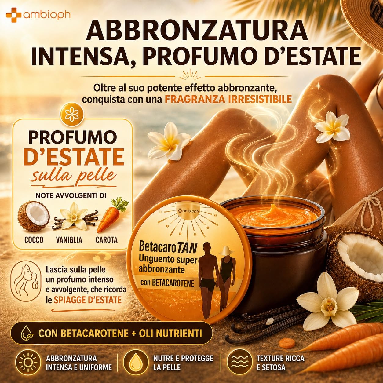CREMA ABBRONZANTE CORPO Accelleratore abbronzatura con Betacarotene per abbronzatura forte, con Vitamina E Olio di Ricino e Olio di Mandorle Dolci. Attivatore Abbronzatura, Ambioph