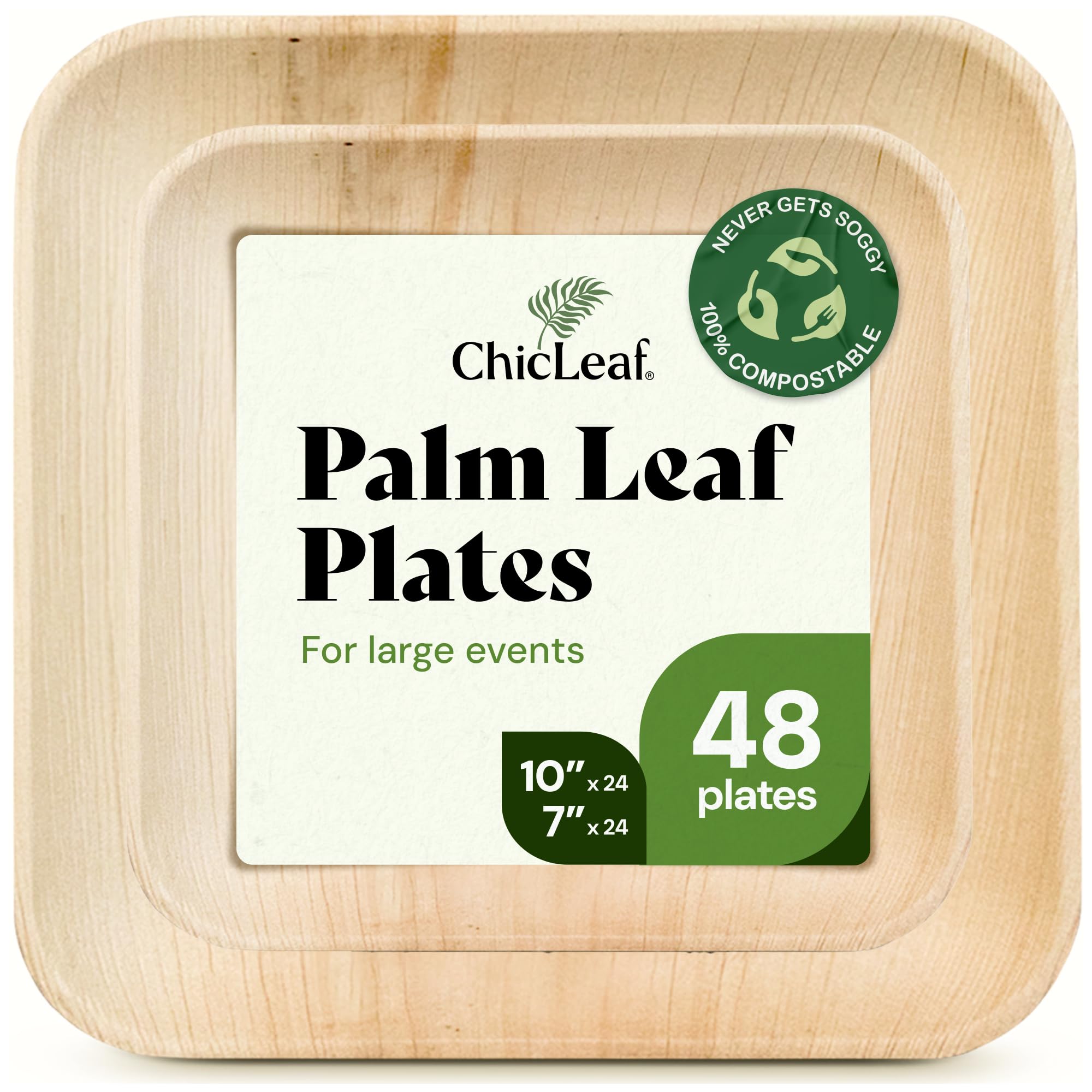 Chic Leaf Compostable & Biodegradable Palm Leaf Disposable Bamboo Plates - Disposable Party Plates for Appetizers - Camping Essentials - Reusable Party Supplies (10 & 7 Inch Square)
